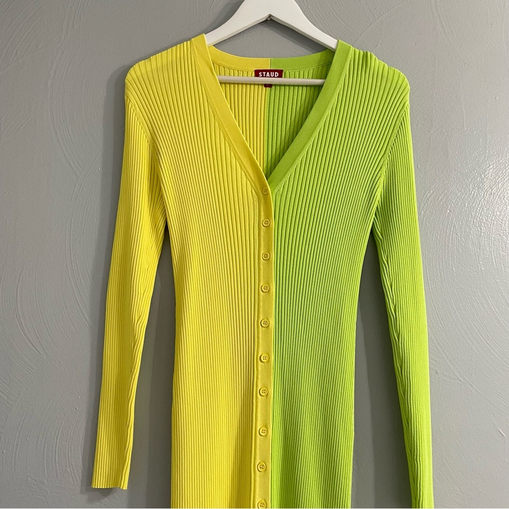 Staud Shoko Colorblocked Midi Dress in Multicolor lime ribbed knit maximalist - Picture 5 of 11